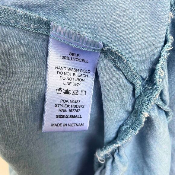 Blue Chambray Scalloped Puff Sleeve Mini Dress Size XS - Picture 6 of 9